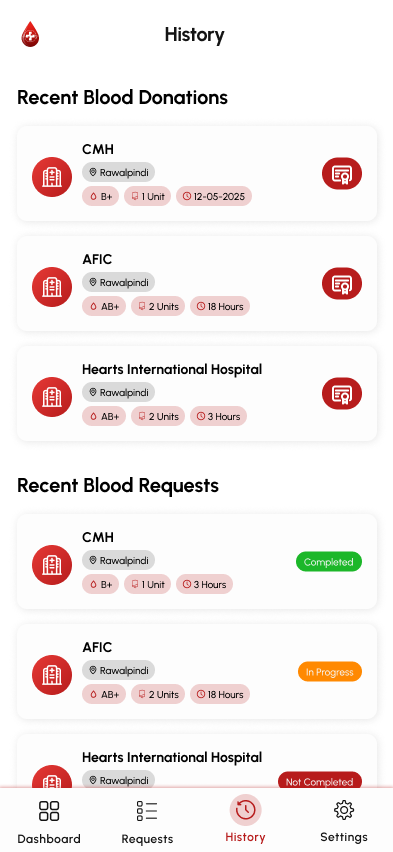 Donate Pulse donation history screen